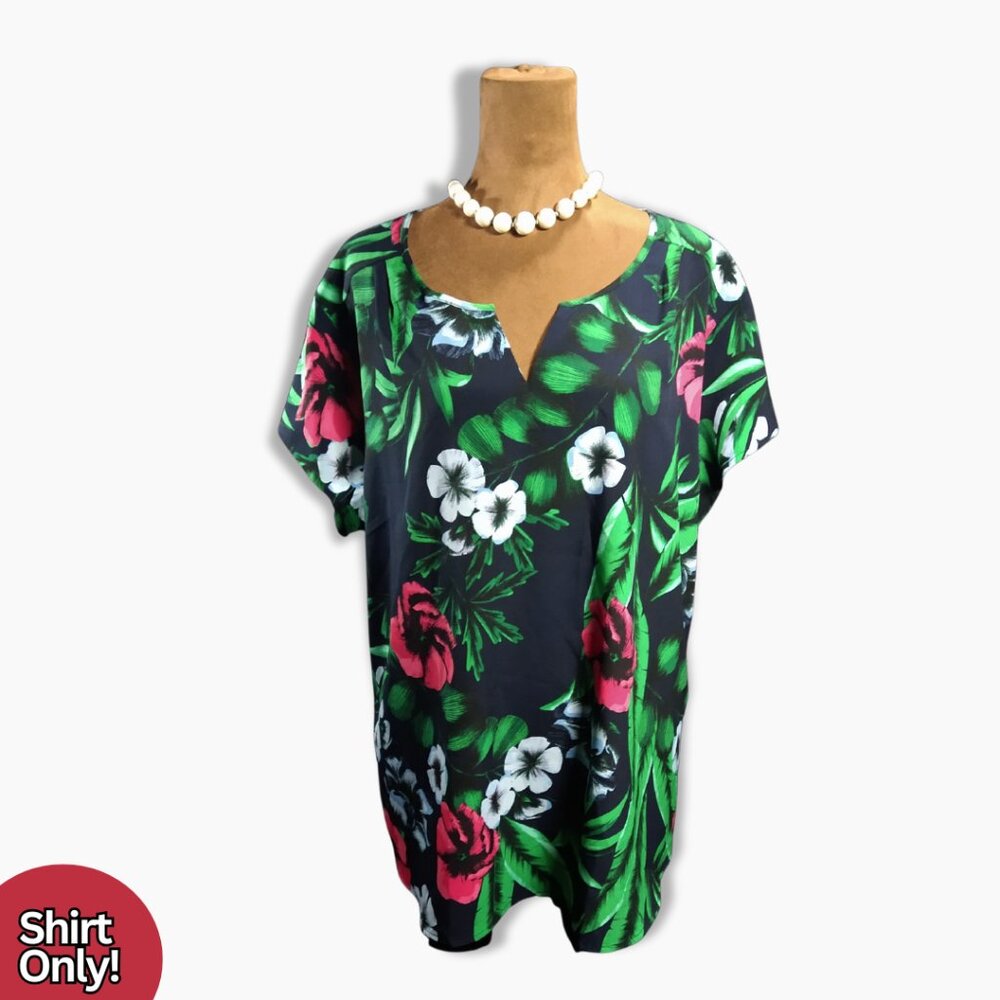 Van Heusen Women’s XXL Tropical Floral Blouse Navy Short Sleeve Lightweight Top